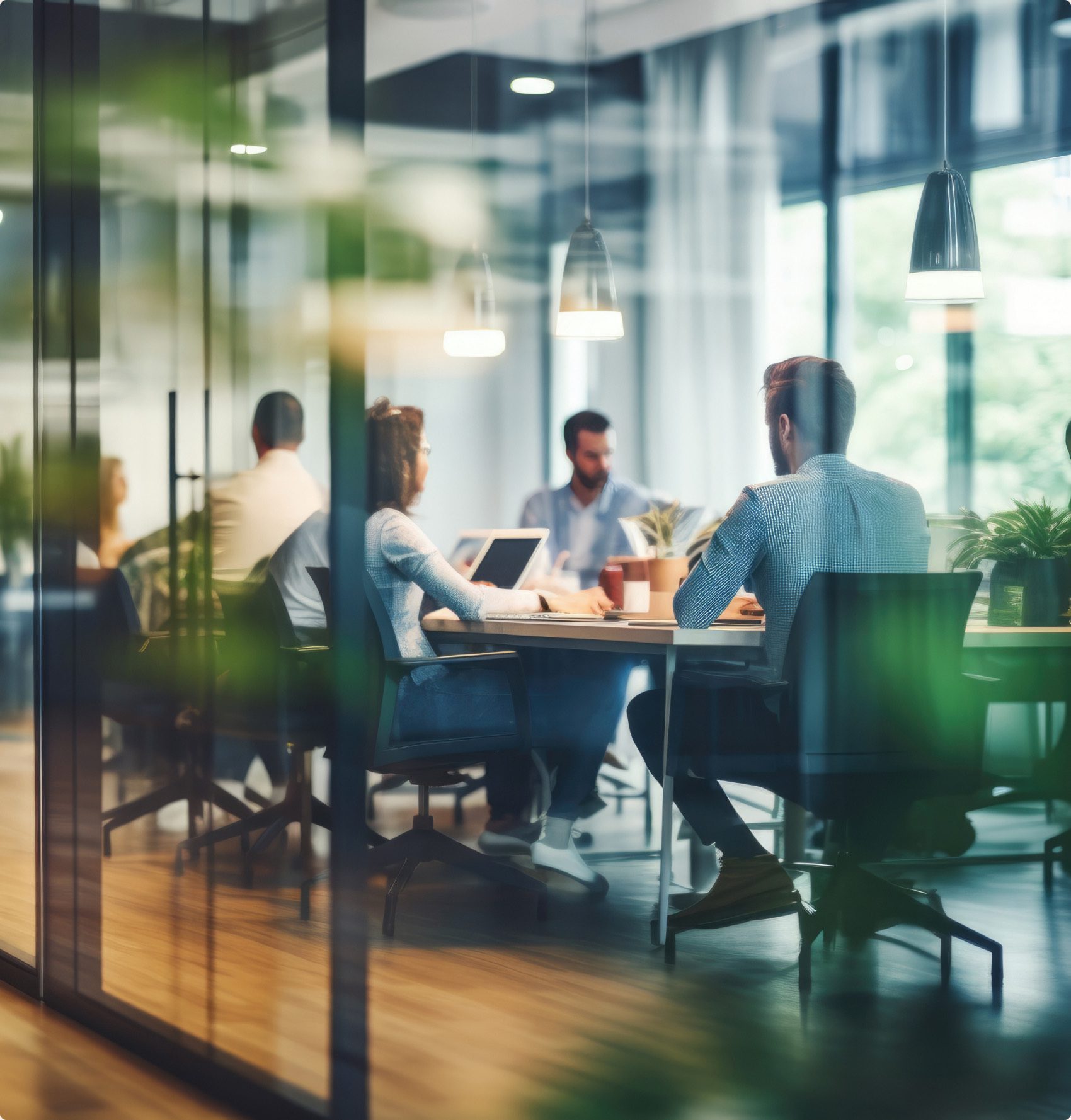 Riunione di lavoro vista attraverso una vetrata di un ufficio
